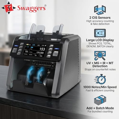 Image of swaggers Heavy Duty Mixed Denomination Note Counting Machine with 2 CIS Sensors, Multi Currency Supports| UV /MG /IR /MT Fake Note Detection| Serial Number Recognition, Touch Screen