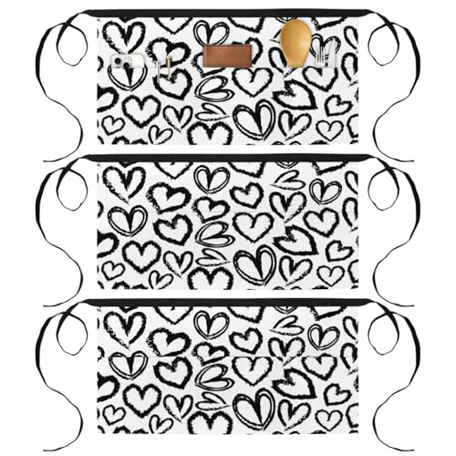 Demi-tablier de cuisine 3 poches au motif cœurs dessinés à la main