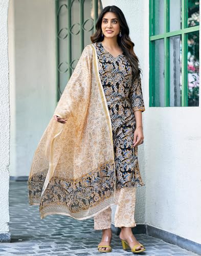 Image of SIRIL Women's Rayon Blend Floral Printed Straight Kurta Pant with Dupatta Set
