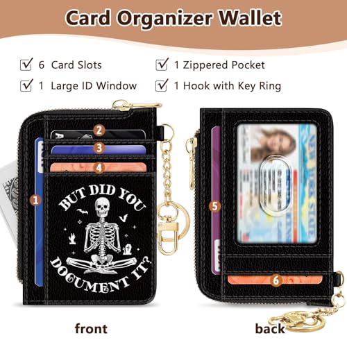Image of GIANCOMICS Slim Wallet Credit Card Holder Women, Funny Skeleton Skull Rfid Blocking Small Card Case, Keychain Thin Pocket Curved Zipper Wallet, Travel Card Holder PU Leather, Ladies Female Gifts