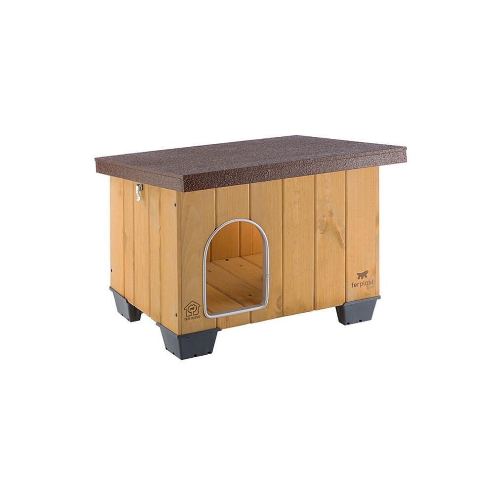 Ferplast BAITA 50 Casetta Cani Legno Pino Nordico FSC, Rivestimento Anti-UV Impermeabile, Tetto Spiovente Rimovibile, Porta Alluminio Antimorso, Fondo Sollevato, 56 x 46,5 x h 41,5 cm