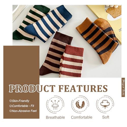 Image of 5 Pairs Vintage Style Colorful Striped Socks for Women, Cute Athletic Crew Socks