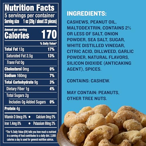Image of PLANTERS Dill Pickle Cashews, Plant Based Protein, 5 Ounce (Pack of 12)