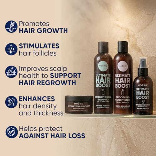 MOERIE set šampona - protiv ispadanja kose, regenerator, serum za rast kose i maska ​​za kosu - prirodno ubrzava rast kose - veganski proizvod za rast kose za žene i muškarce - 77 minerala (set od 4)