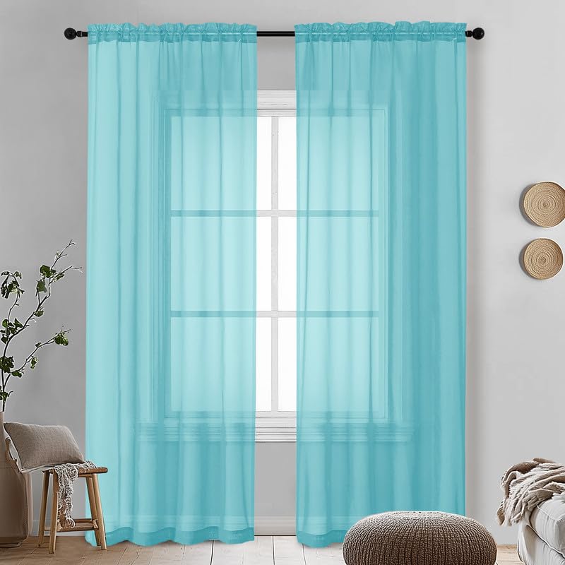 Image of OVZME Aqua Sheer Curtains 90 Inches Long 2 Panels - Soft Light Filtering Window Sheer Panels for Living Room /Bedroom, Top Dual Rod Pocket, 1 Pair, Each 42Wx90L Inches