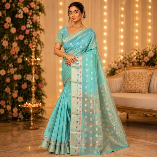 Image of Sarees for Women Wear Organza Silk Banarasi Sari Kanjivaram Pure Paithani Wedding Original Kanchipuram Pattu Sadi with Blouse Piece 2026 (KeriFlower)