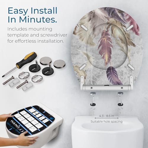Image of Sanilo Wooden Toilet Seat with Quick Release & Soft Close [ROUND] - Decorative & Slow Close Molded Wood Seat - With One Click for Easy Installation & Cleaning - With Adjustable Fit (Feathers)