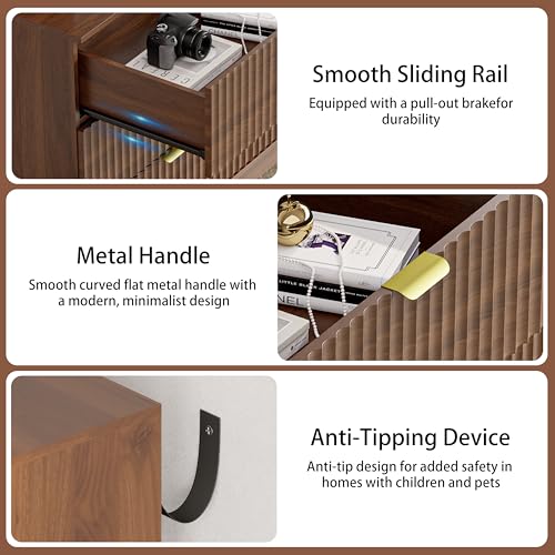 Image of Dresser 6 Drawer Dresser for Bedroom, 47''W Fluted Wooden Dresser Storage Cabinet and Chest of Drawers with Metal Handle, Storage Organizer for Living Room, Hallway, Entryway, Walnut