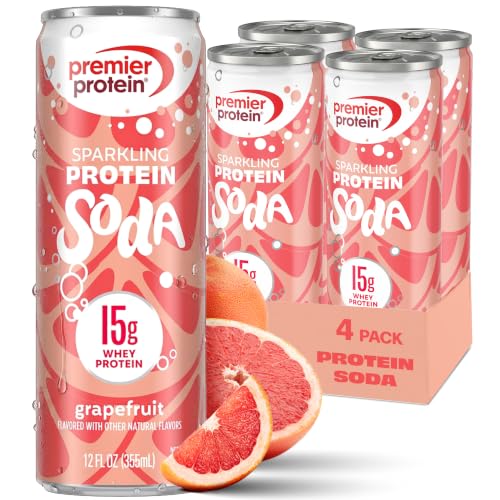 Image of Premier Protein Sparkling Protein Soda, Grapefruit, 15g Whey, 4 Pack | Soft Drink with Benefits, 5 Ingredients, No Artificial Colors or Flavors, 3g Sugar, 12 oz