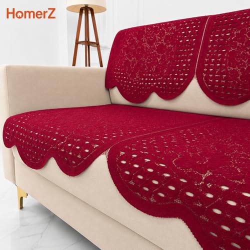 Image of Homerz Premium 'Surya Series' Sofa Cover | Stylish Sofa Protector | Net Fabric | Anti-Stain & Washable Slip Cover Exact Size Antislip (Flower Valley Maroon, 6 (3+2+1) Seater, Seat Cover with Backrest)