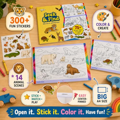 Image of Seek & Find Sticker Activity Book for Kids 4+ | 300+ Animal Stickers, 14 Scenes to Color | Search, Match, Stick & Coloring Activity Pad | A4 Size Creative Learning Book