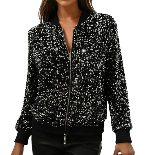 Veste courte à paillettes avec fermeture éclair pratique et manches longues confortables