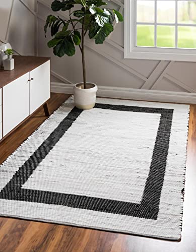 Image of Unique Loom Chindi Jute Collection Casual, Modern, Bohemian, Border Area Rug (9' 0 x 12' 2 Rectangular, White /Black)