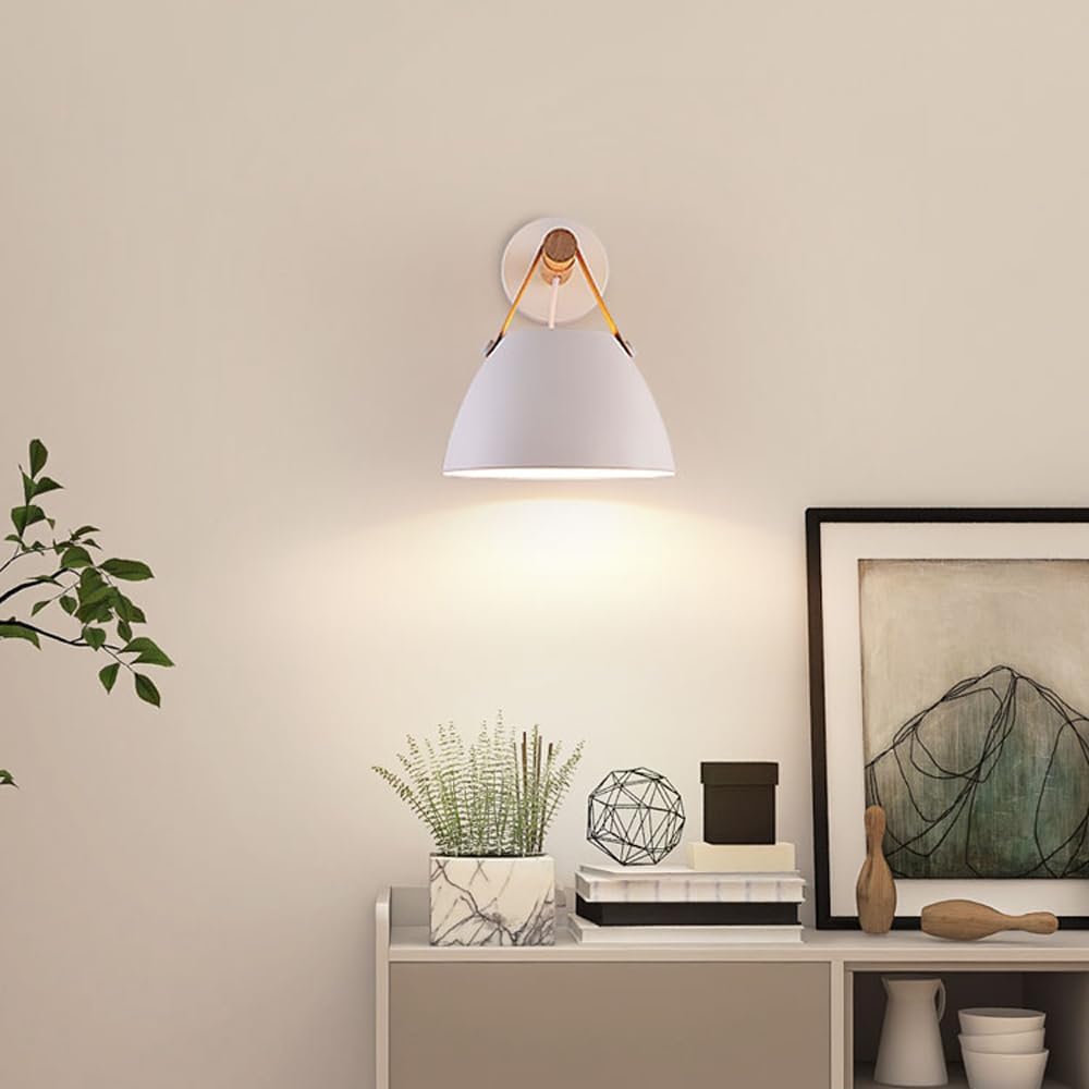Modern White Wall Sconce Wood and Leather Accent Bedside Light Hardwired Minimalist Wall Lamp E26 Base Light Fixture for Bedroom Living Room Hallway Entryway Accent Lighting Scandinavian Style