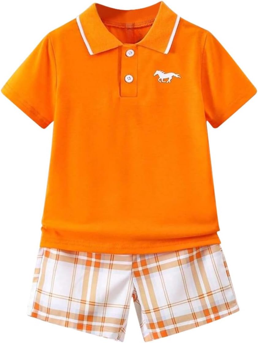 Kids Tween Boy Clothes Casual Short Sleeve Polo Shirt + Plaid Print 2Pcs Shorts Sum...