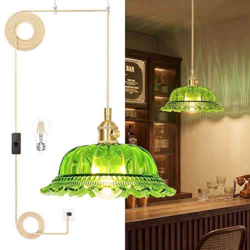 KunruiTAI Plug in Pendant Light 10" Hanging Lights with Plug in Cord 15ft Hanging Lamps Green Glass Shade Pendant Lighting for Kitchen Island, Bedroom, Dining Room, Living Room E26 Bulb Include