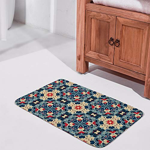Tapis de bain antidérapant grand format velours corail bleu arabesque - 3