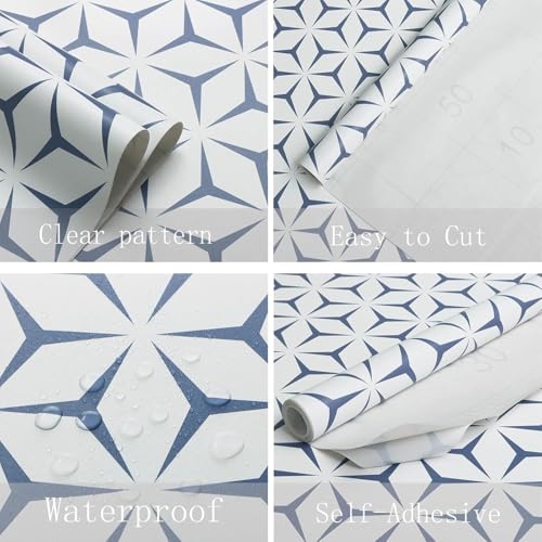 Image of KBR Blue & White Geometric Wallpaper (45 x 300 cm) - Minimal 3D Star Pattern Peel & Stick Self-Adhesive Waterproof Modern Wall Covering Roll for Living Room, Staircase, Kitchen & Cafe Decor