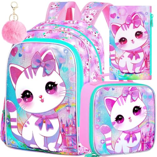 Image of CCJPX 3PCS Cat Backpack for Girls, 16 inchKids Preschool Bookbag with Lunch Box, Cute Water Resistant Elementary School Bag for Teen Kindergarten Toddler