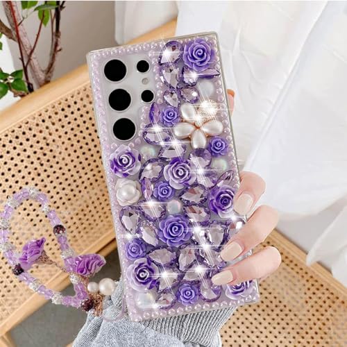 Image of Changjia for Samsung Galaxy S24 Ultra Glitter Bling Case,Cute Luxury 3D Sparkle Crystal Rhinestone Flower Diamond Pearl with Lanyard Wrist Strap Women Girls Case for Galaxy S24 Ultra 6.8 Inch (Purple)