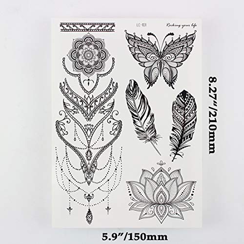 Ooopsi 8 Sheets Black Henna Temporary Tattoos For Women Girls - Feather Mandala Flower Tattoo Sticker For Adults Body Art Stickers Lace Indian Mehndi Tatoos #TOP4