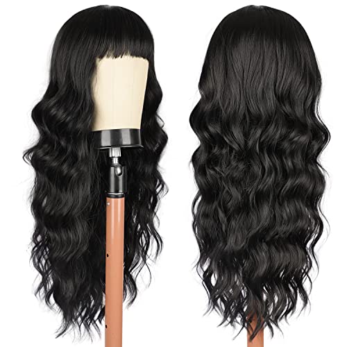 Vigorous Black Wig With Bangs Long Wavy Wig For Women Heat Resistant Synthetic Wigs Natural Looking For Daily Party Use #TOP2