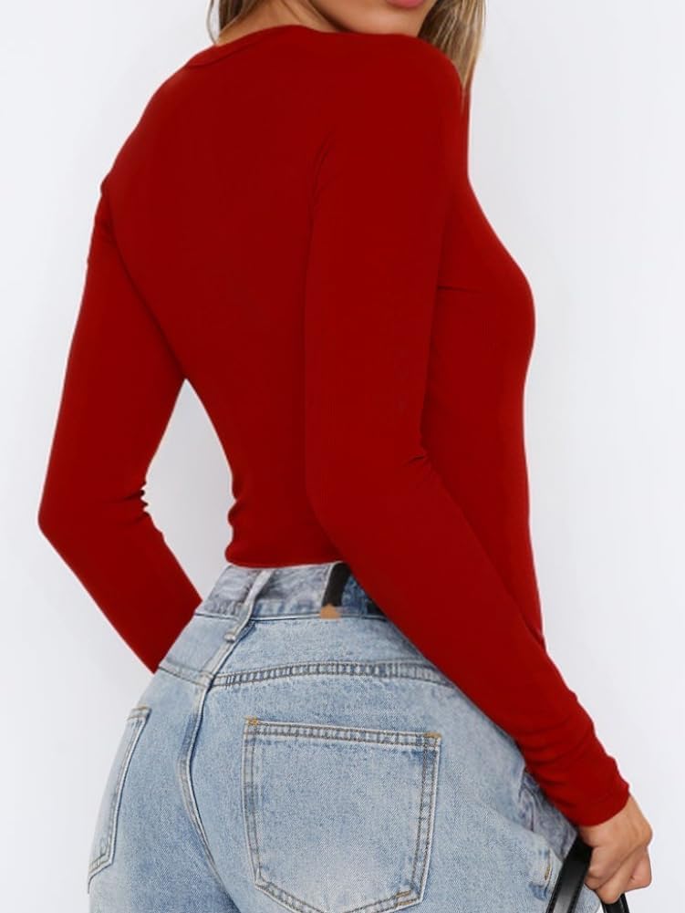 INFITTY Women Bodysuit Sexy Deep V Neck Button Down Long Sleeve Top 2026 Trendy Thong Body Suits Outfits for Going Out - Image 3