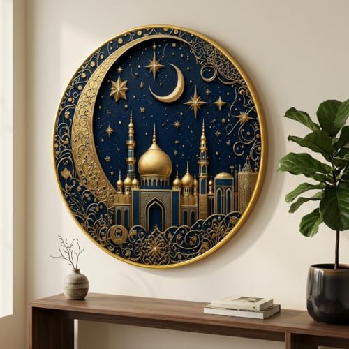 Image of SAF Islamic Mosque Crescent Moon Round Wall Painting with Premium PVC Golden Frame, Blue Gold Starry Night Arabic Art for Prayer Room Living Room Decor (16 x 16 Inch) GRM-436