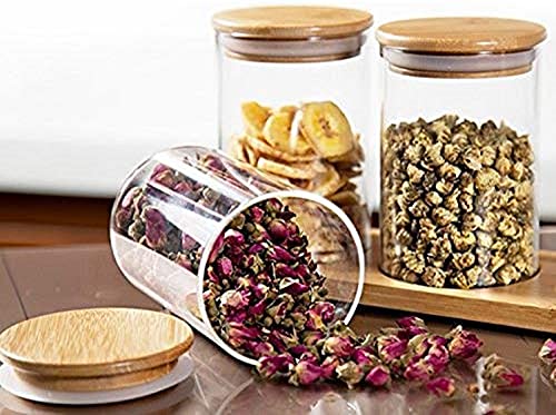 Image of Glass Jars Air Tight Canister Borosilicate Kitchen Food StorageRound jar 220 ml Container Set With Natural Bamboo Lids For Sugar, Pasta, set of 6(6, Round BAMBOO LID GLASS JAR 220ml -)