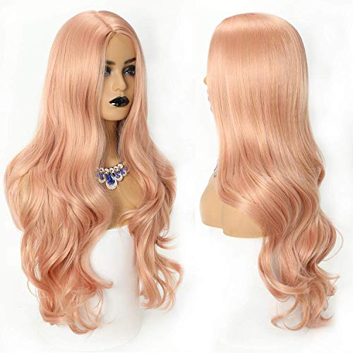 Long Pink Synthetic Mixed Wig,Showcoco Side Part Long Wavy Wig with Bangs,Orange Pink Wigs for Women