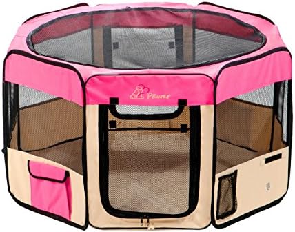 Pawer 45”×24” 8-Panel Foldable Pet Playpen, Hot Pink+Beige, Personalize Embroidery Extra Fabric Piece Available, for Cat/Dog/Puppy, 600D Oxford Cloth Portable Indoor & Outdoor Kennel with Carry Bag
