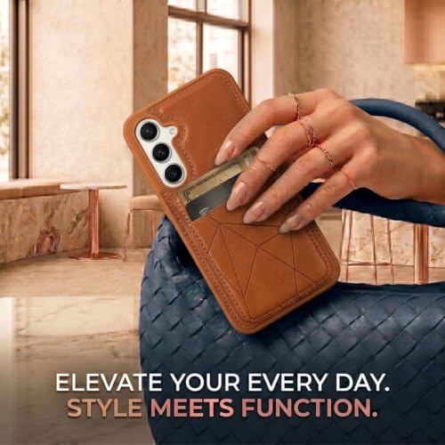 Image of amazon basics Premium Vegan Leather Back Cover with Card Holder and Integrated Mobile Stand for Samsung Galaxy S23 5G - Slim Shockproof Wallet Case with Geometric Stitching [Tan]