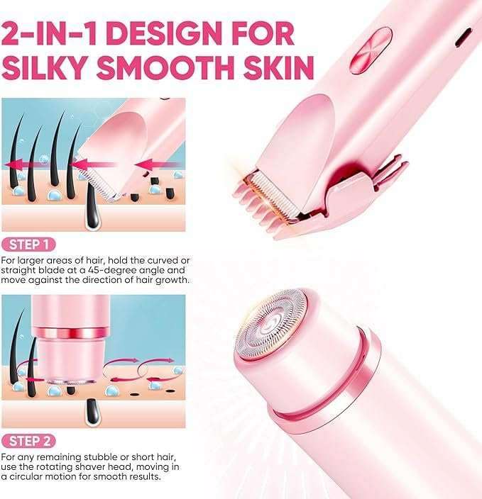 Shavea Rasoio Elettrico Donna 2 in 1, Doppia Testina per Corpo e Bikini | Rasoio elettrico donna ricaricabile 2in1: doppia testina per rifinitore bikini e corpo. Wet & Dry, lame inox zone sensibili.