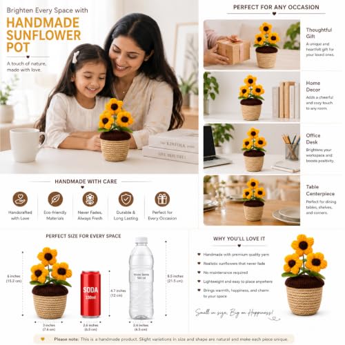 Image of Akaar Decor's Handcrafted Yellow Crochet Flower with Pot | Artificial Flowers for Home | Birthday | Anniversary | Housewarming Gifts | 100% Handmade Yarn Flower Decor