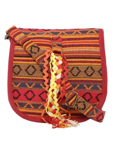 Image of The House of tara Ethnic Handloom Crossbody Sling Bag | Embellished with Tassels and Trims. Flap Closure Snap Button | Multicolour Crossbody Bag for Women | Handmade | Elegant Design