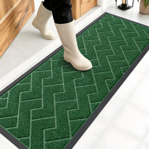 Image of OLANLY Front Door Mat Indoor Outdoor Entrance, Waterproof All-Season, All-Weather Doormat, Sturdy Natural Rubber, Low Profile, Easy Clean Patio Porch Entryway Mat, Herringbone Brick (Green, 47x17)