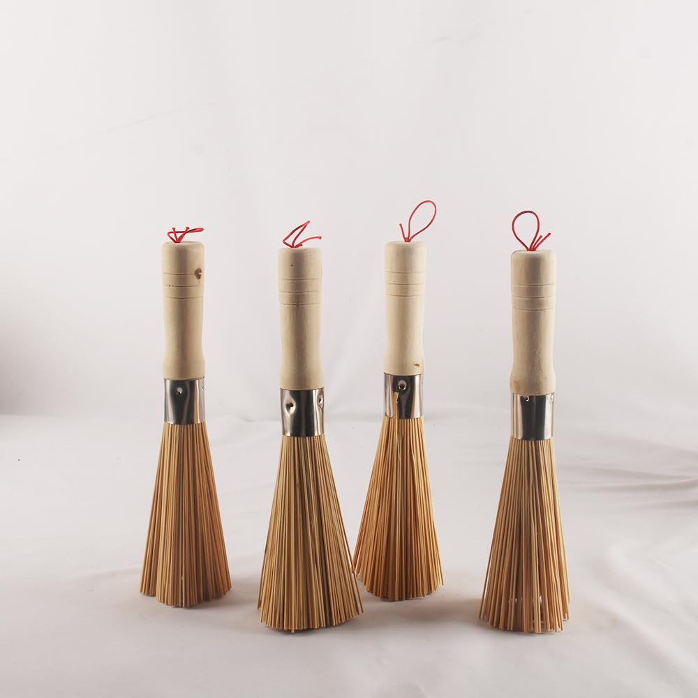 JUTSTJUKO Whisk Bamboo Scrub Brush Kitchen Cleaning Brushes Cleaning Whisk with Wooden Handle Kitchen Pan Clean Brush for Dishes Pans Wok Sink (D-4set)