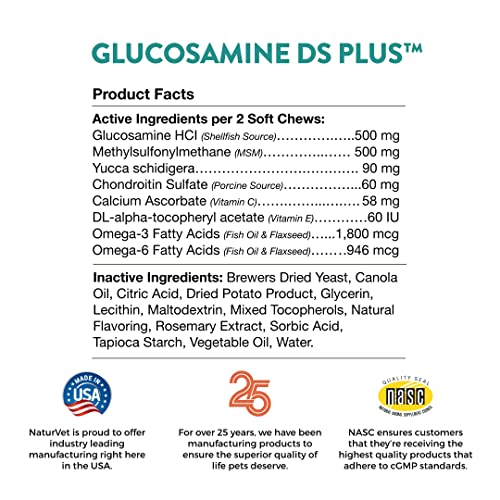 Naturvet – Glucosamine Ds Plus - Level 2 Moderate Care – Supports Healthy Hip & Joint Function – Enhanced With Glucosamine, Msm & Chondroitin – For Dogs & Cats–120 Soft Chews #TOP5