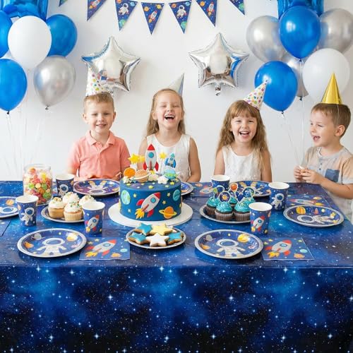 Image of NatNarr 3 Pack Plastic Space Tablecloth, 54 x 108 Inch Disposable Galaxy Themed Tablecloth Waterproof Rectangle Star Party Table Cover for Home Party Decorations
