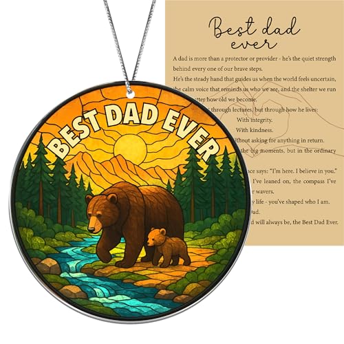Papa Bear Best Dad Ever Ornament with Fathers Day Card, Suncatcher Ornament Decoration for Father’s Day, Birthday Gift from Daughter or Son, Best Dad Ever Gifts for Stepdad, Grandpa