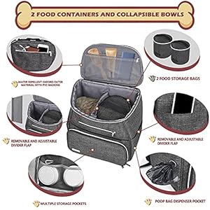 BAGLHER Dog Travel Bag Backpack Airline Approved Pet Supplies Backpack Dog Travel Backpack with 2 Silicone Collapsible Bowls and 2 Food Baskets Grey
