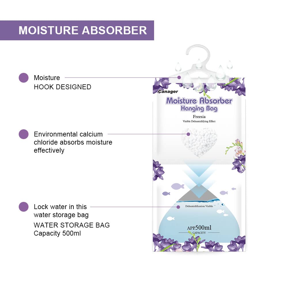 Canager Bolsa colgante absorbente de humedad para armario, desodorante, 8 paquetes (12.5 onzas por paquete), recoge el exceso de agua para eliminar el olor peculiar, fresia.
