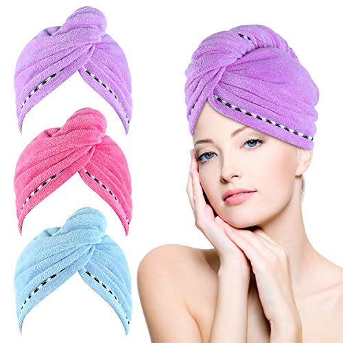 3 Pack Hair Towel Wrap, Microfiber Drying Hair Hat-Quick Fast Dry Super Absorbent Cap for Drying Curly, Long & Thick Hair(Pink, Purple, Blue)