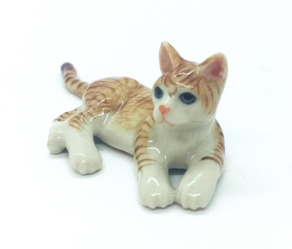WitnyStoreTiny 3" Long Lying Down Tabby Orange Brown Cat Figurine - Miniature Hand Made Painted Ceramic Striped Shorthair Ginger Kitten Animal Porcelain Pottery Decorative Collectible Figurines Décor