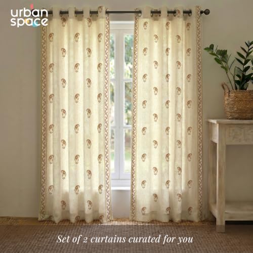 Image of Urban Space 100% Cotton Floral Curtains 7 feet Long Set of 2, 60-65% Room Darkening, Decorative Curtains with Eyelets /Rings for Hanging, Tieback Included (Jaipur Paisley Rust, Door - 7 Feet)