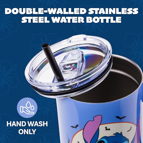 Image of Silver Buffalo Disney Lilo and Stitch Halloween Spooky Pumpkin Jack-O-Lantern Double Walled Stainless Steel Tumbler with Handle and Straw, Fits in Standard Cup Holder, 40 Ounces