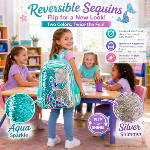 Image of 16 inch Mermaid Backpack for Girls, 3Pcs Sequin Fish Tail School Backpacks Set for Elementary Preschool Kindergarten, Kids Bookbag with Lunch Box (Green)