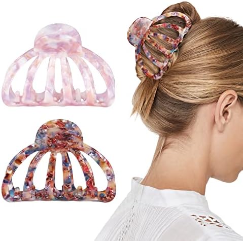 Shinowa Hair Clips, [2-Pack] Bohemian Tortoise Shell Hair Claw Clips Strong Hold Big Hair Jaw Clips for Thick Hair, Hair Accessories for Women Girls, Colorful + Pink