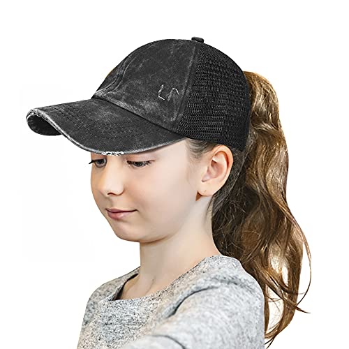 Glitter Distressed Mesh Girls Criss Cross Ponytail Hat For Kids High Messy Bun Ponycap (Crisscross-Black) #TOP5