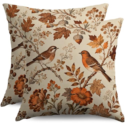Housse coussin oiseau floral orange brûlé 20x20 ensemble 2, automne